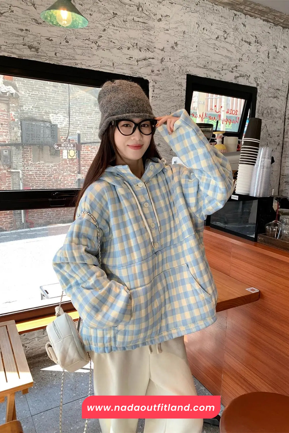 Long Sleeve Blue Plaid Hooded Puffer Coat Jacket