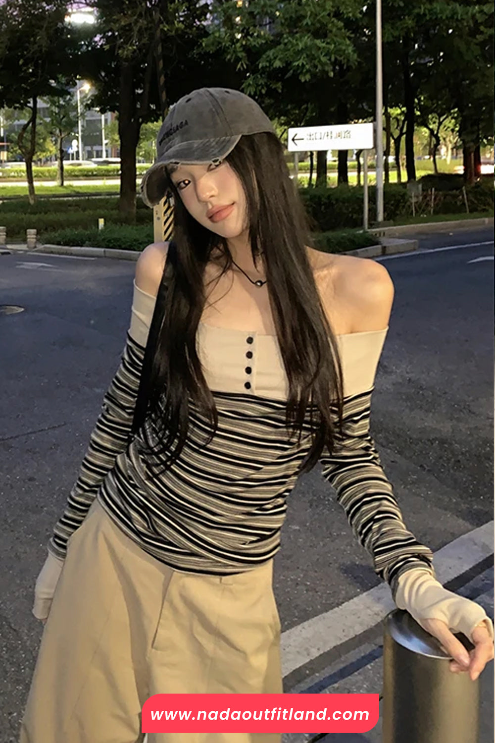 Long Sleeve Slash Neck Striped Cropped Slim Shirt