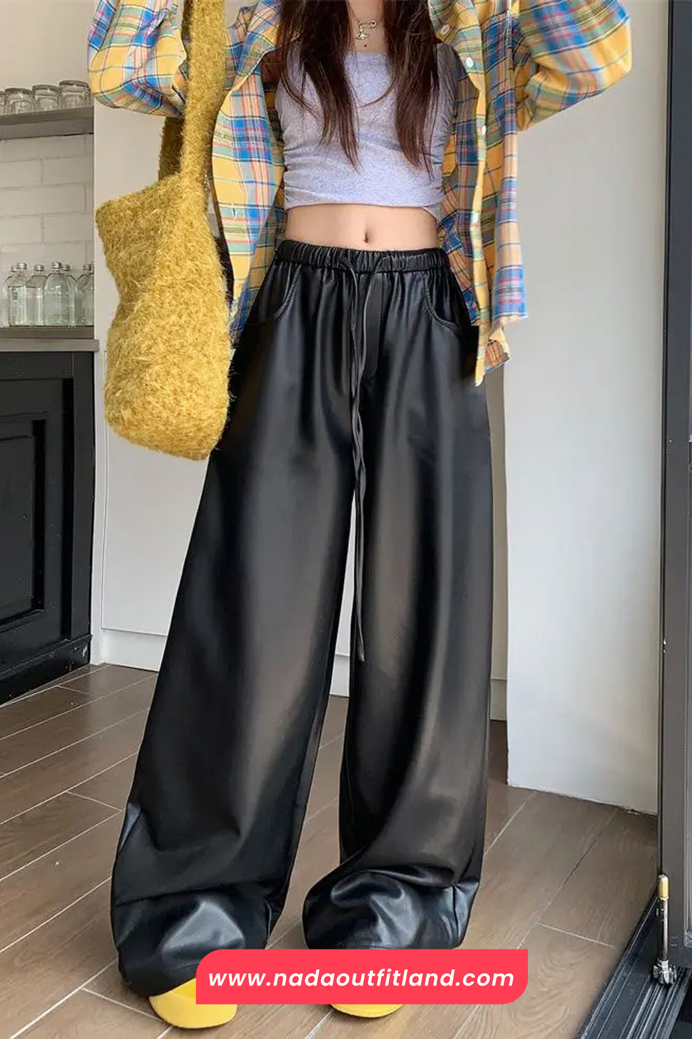 High Waist Loose Elastic Black Leather Women Pants