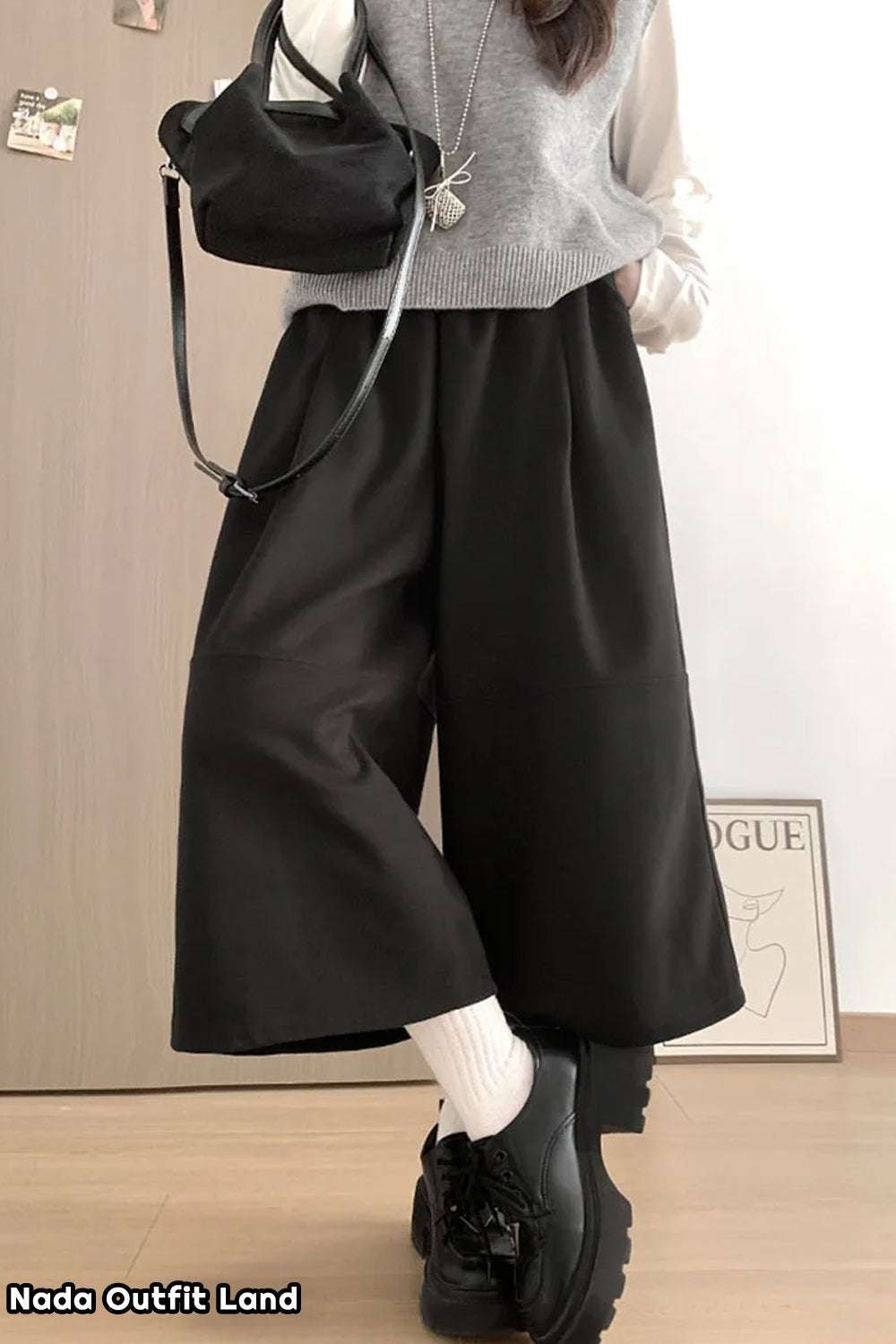 High Waist Knee Length Vintage Woolen Pants