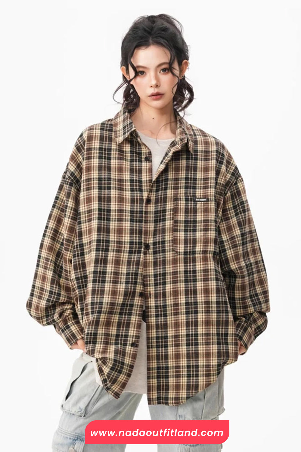 Loose Long Sleeve Retro Plaid Pattern Blouse Shirt