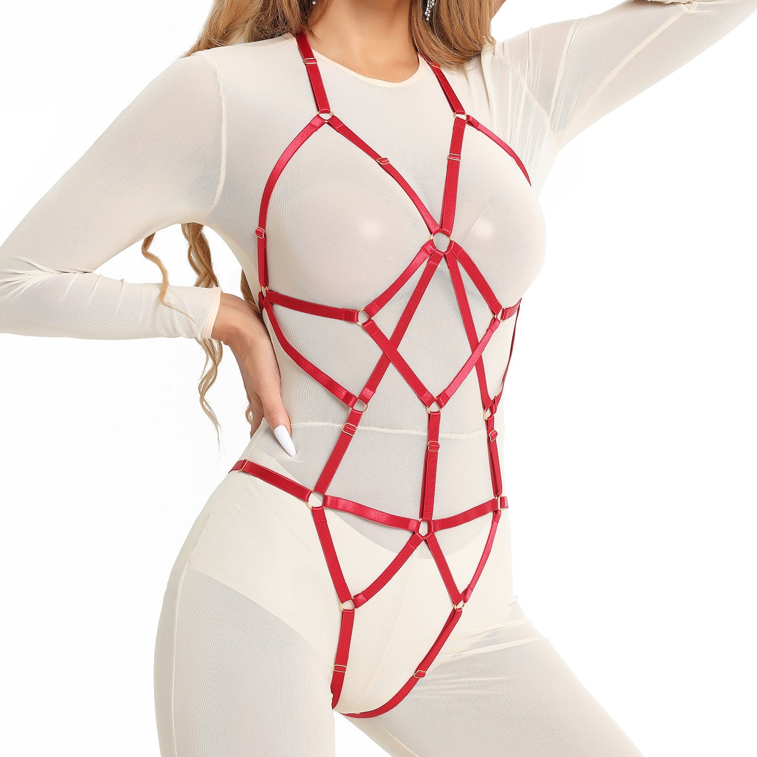 Black Black Bodysuit Red Strappy Harness Lingerie Sexy Teddy