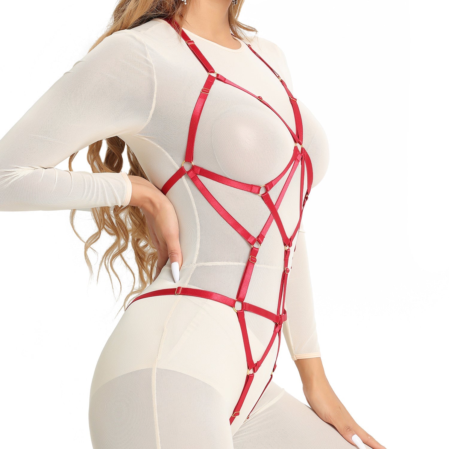 Black Black Bodysuit Red Strappy Harness Lingerie Sexy Teddy