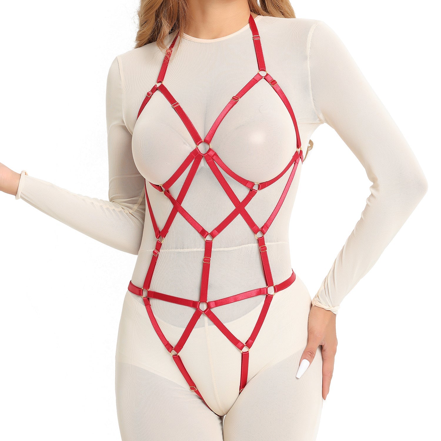 Black Black Bodysuit Red Strappy Harness Lingerie Sexy Teddy