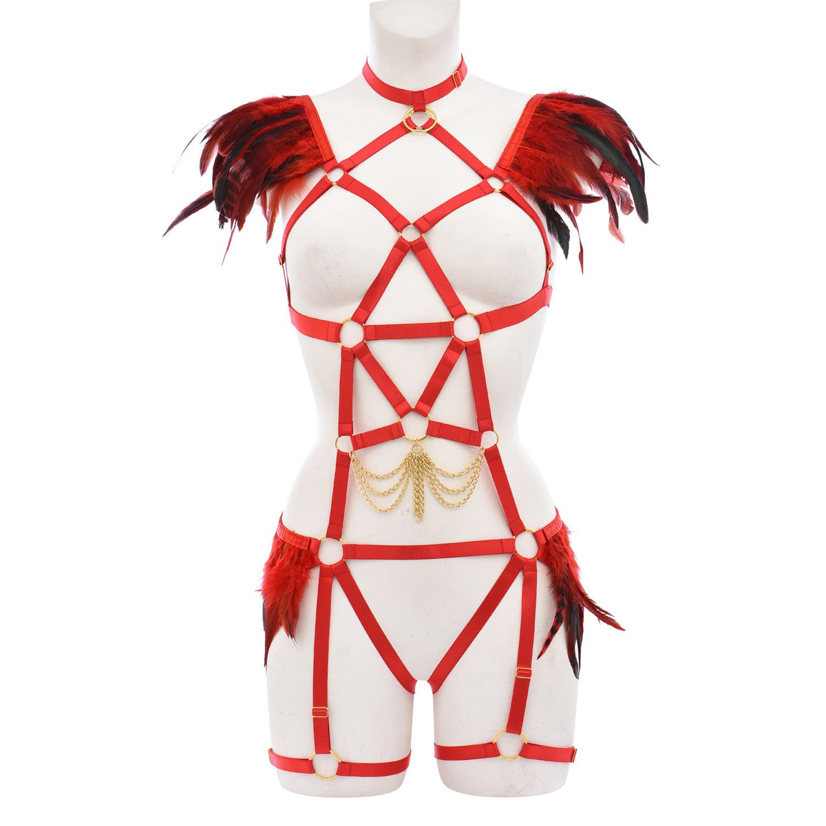 Couples Bodysuit Revealing Strappy Harness Lingerie Feather Bra Panties