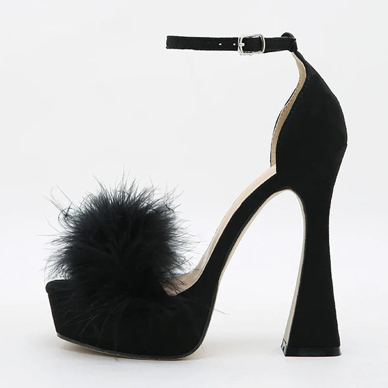 Pink Feather Fluffy High Heels Platform Sandals