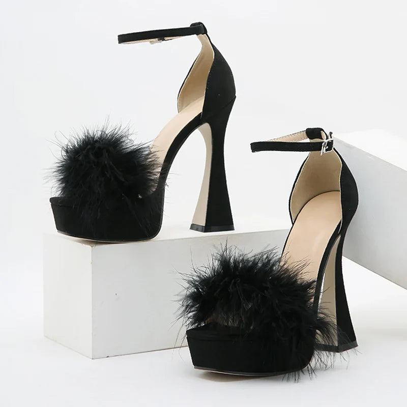 Pink Feather Fluffy High Heels Platform Sandals