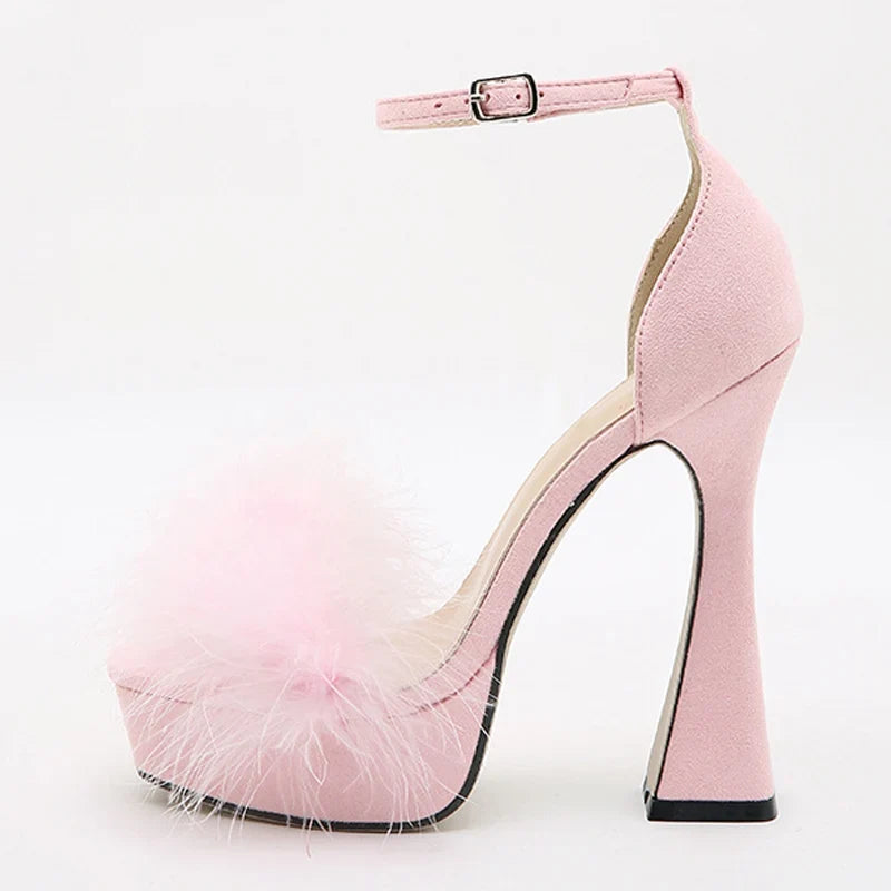 Pink Feather Fluffy High Heels Platform Sandals