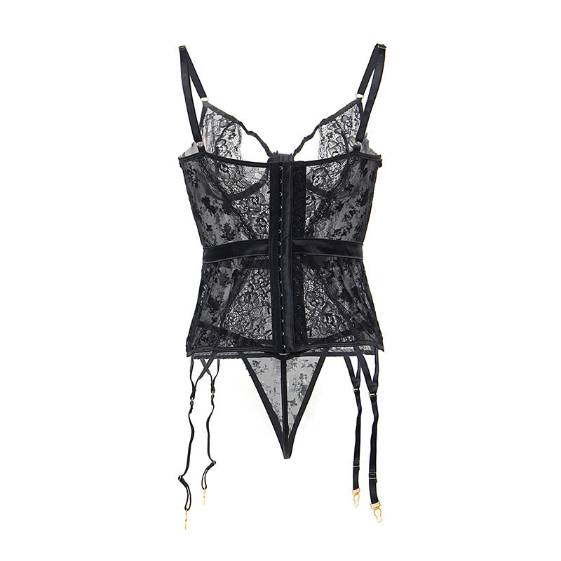 Lace Black Corset Bodysuit  Harness Busty Mature Lingerie Garter Belt