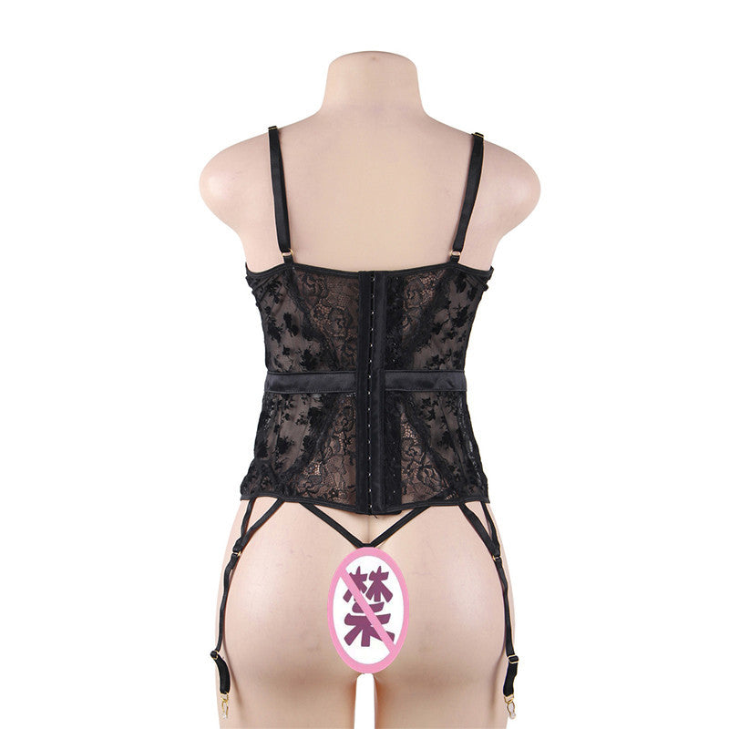 Lace Black Corset Bodysuit  Harness Busty Mature Lingerie Garter Belt