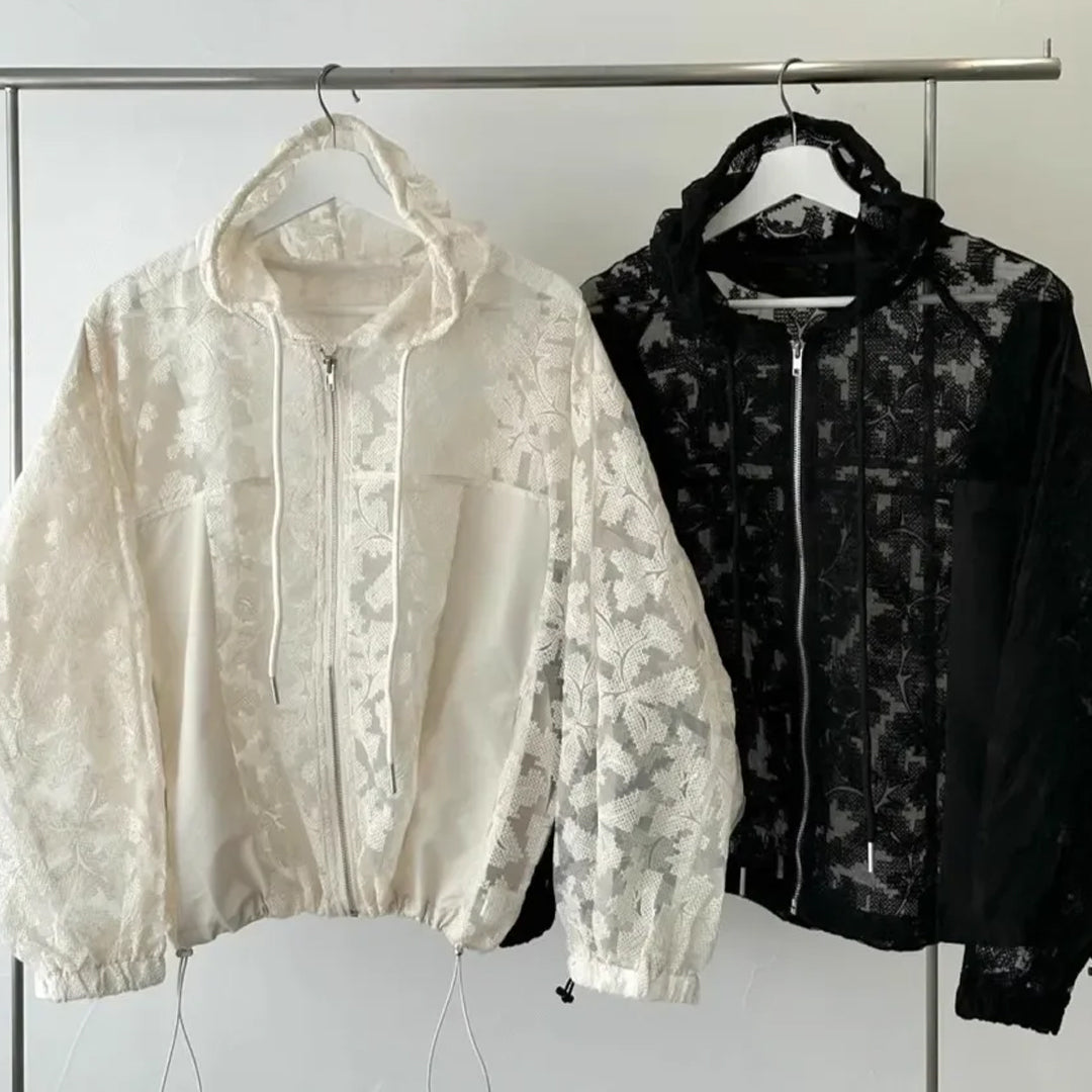 Long Sleeve Lace Hooded Transparent Jacket