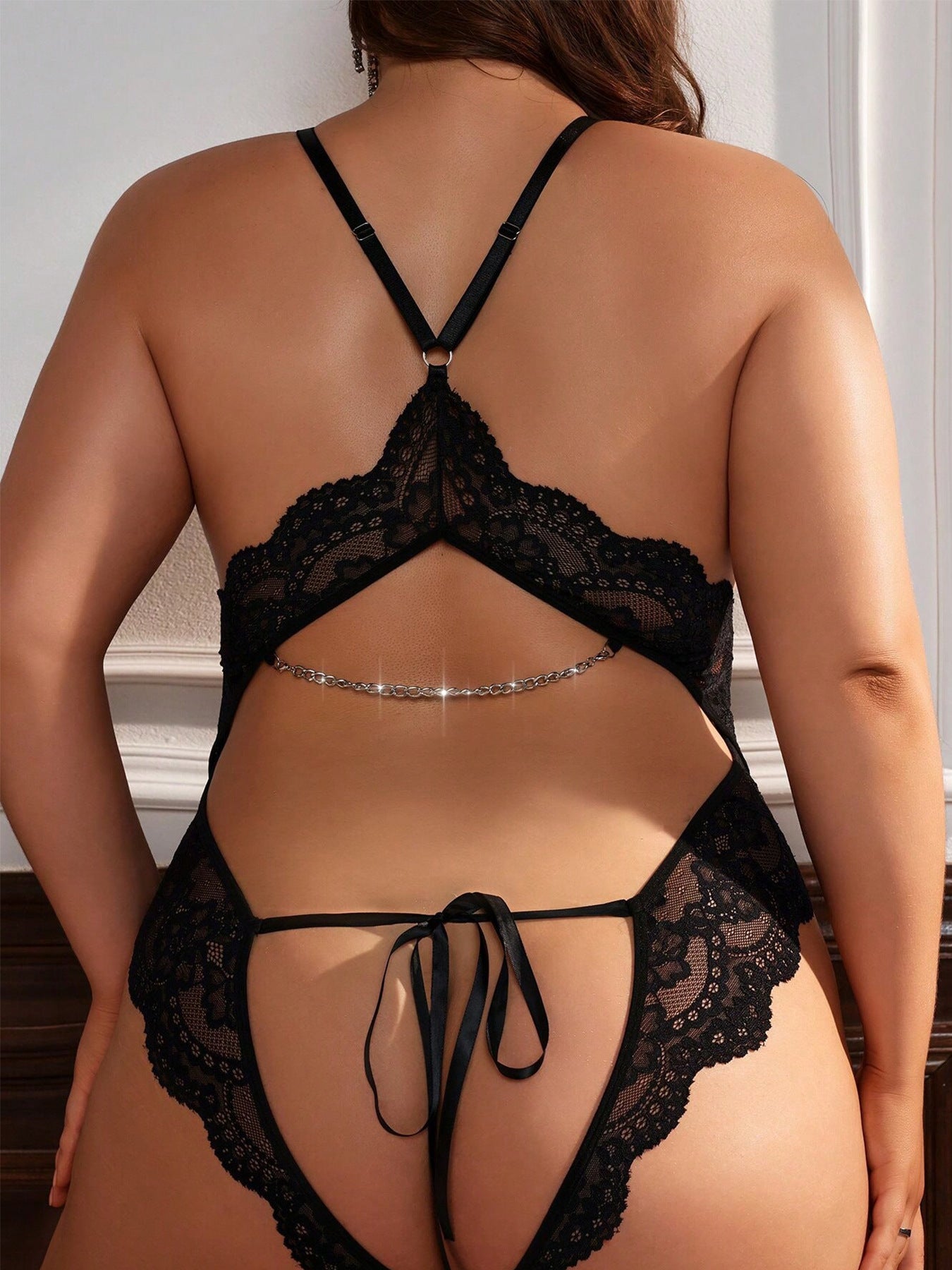 Plus Size Sheer Bodysuit  Black Lace Deep V