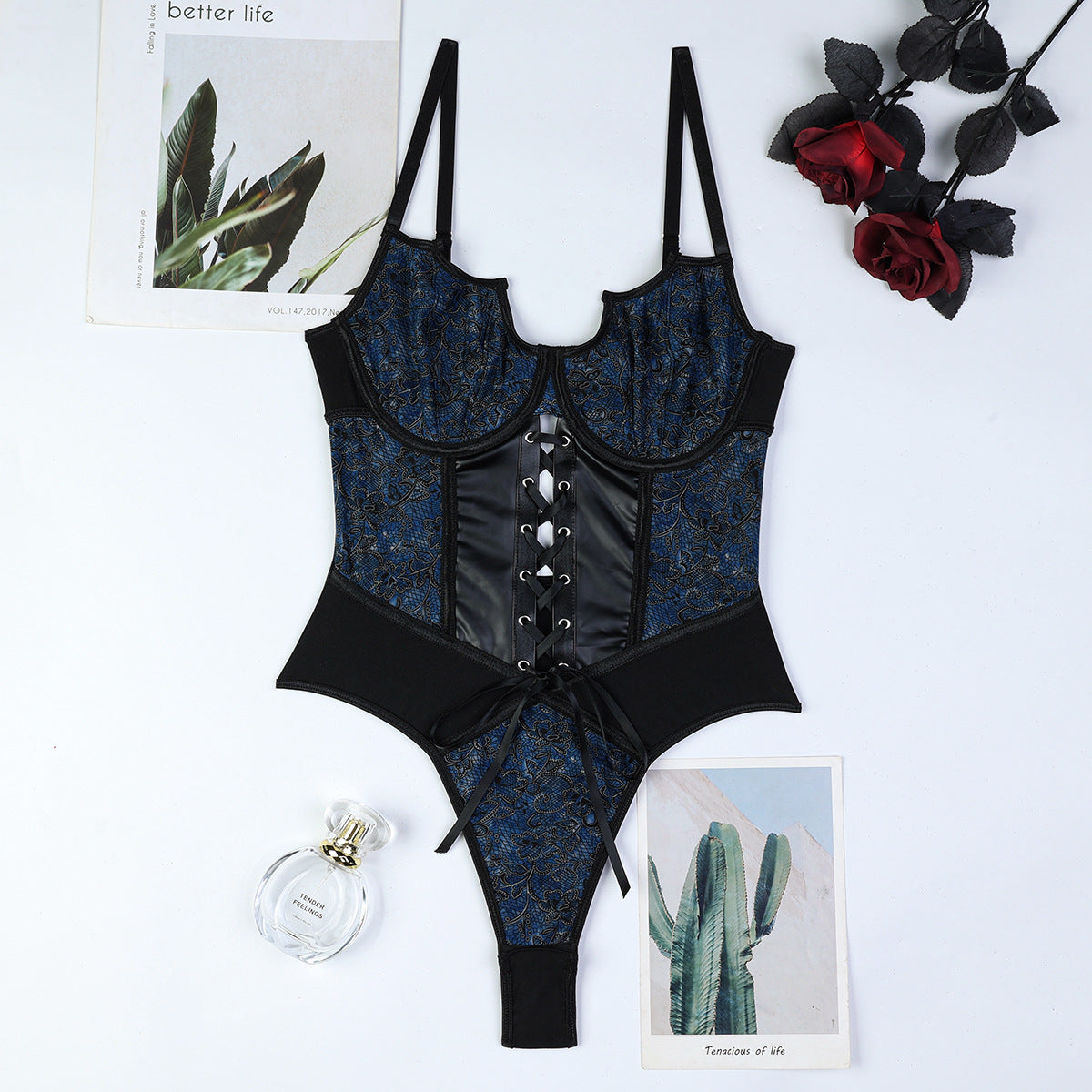 Leather Floral Corset Bodysuit HubLai Lingerie