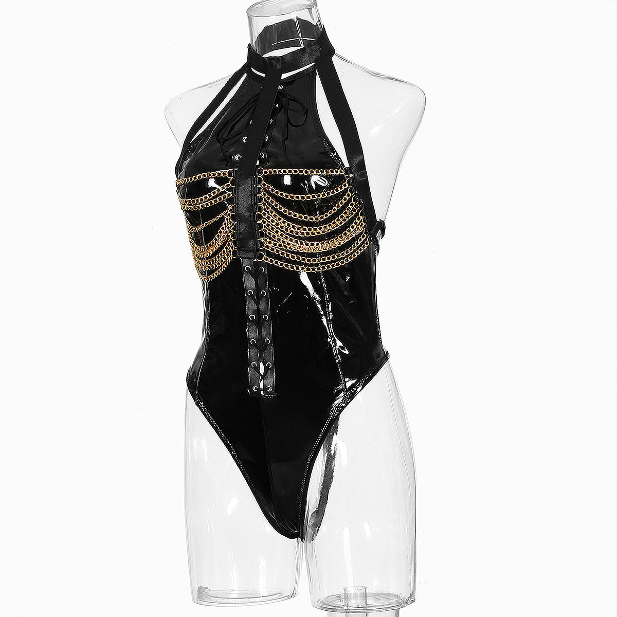 Black Turtleneck HubLai Bodysuit With Chains