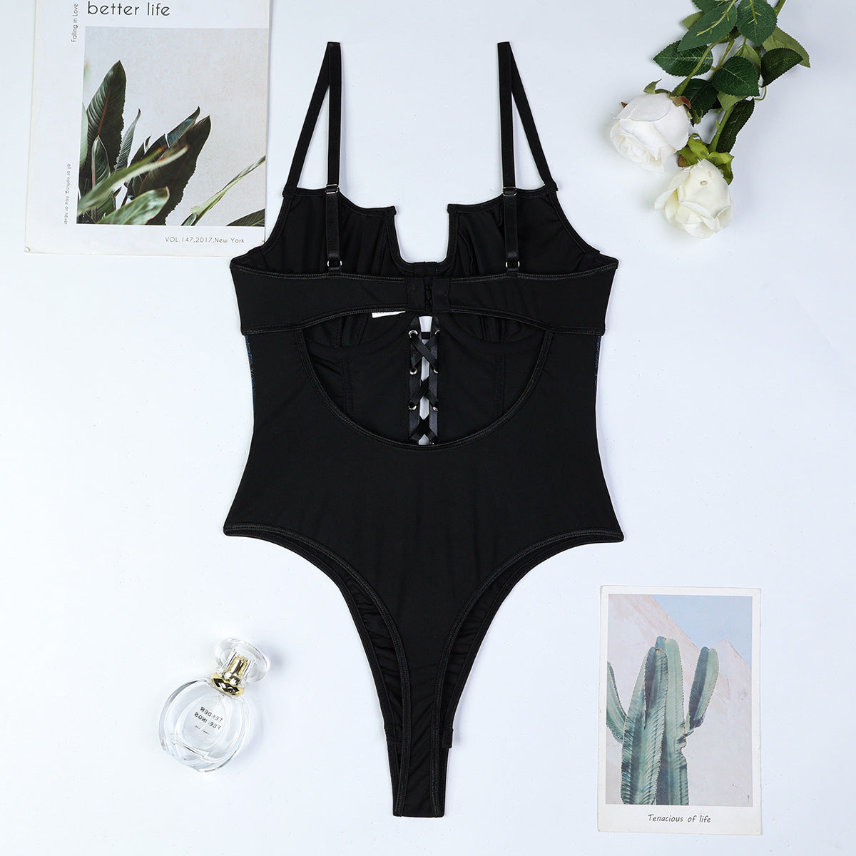 Leather Floral Corset Bodysuit HubLai Lingerie