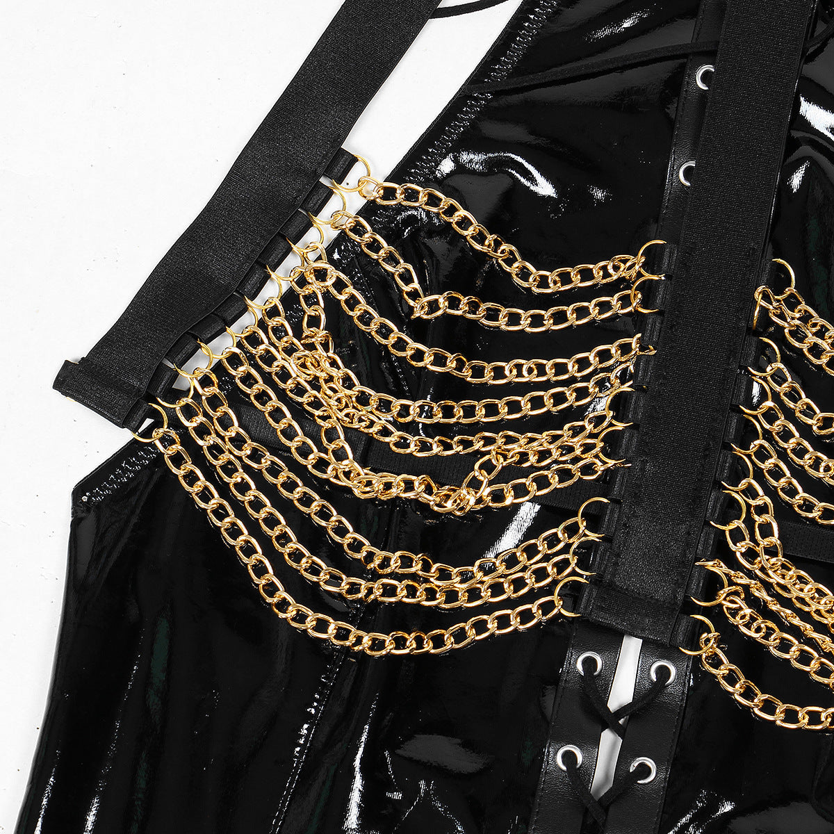 Black Turtleneck HubLai Bodysuit With Chains