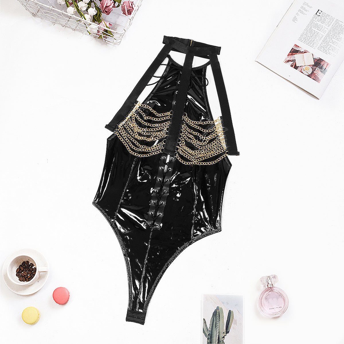 Black Turtleneck HubLai Bodysuit With Chains