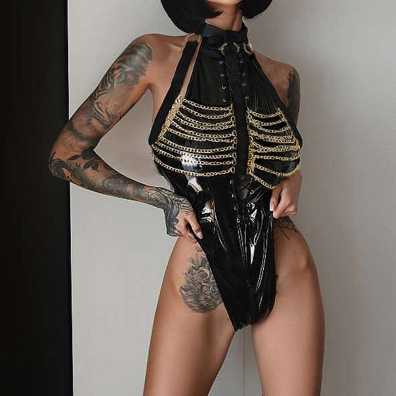 Black Turtleneck HubLai Bodysuit With Chains