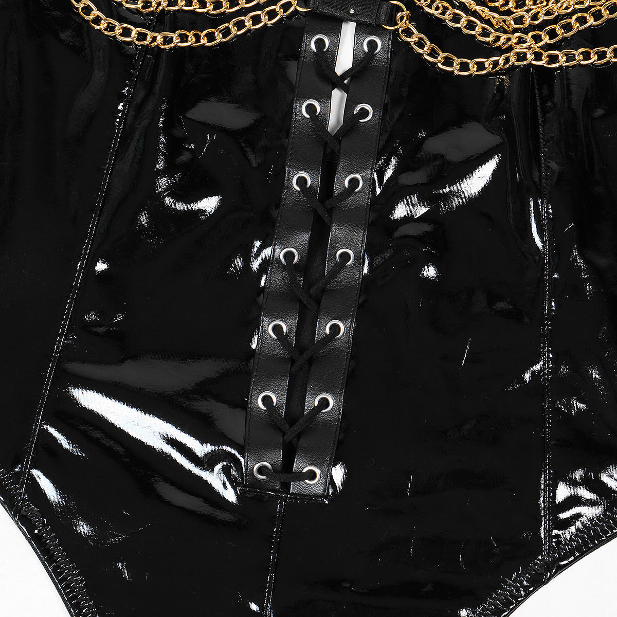 Black Turtleneck HubLai Bodysuit With Chains