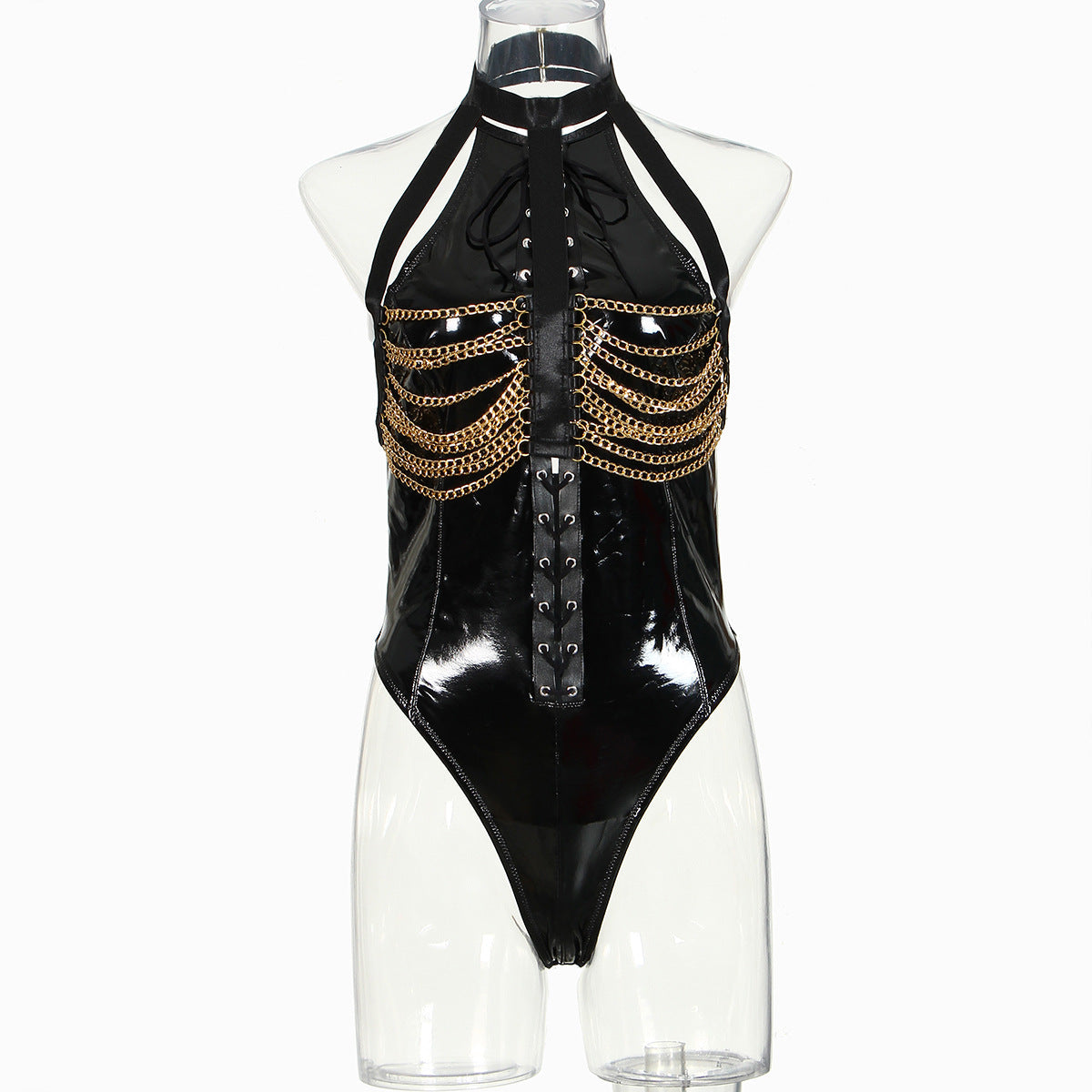 Black Turtleneck HubLai Bodysuit With Chains
