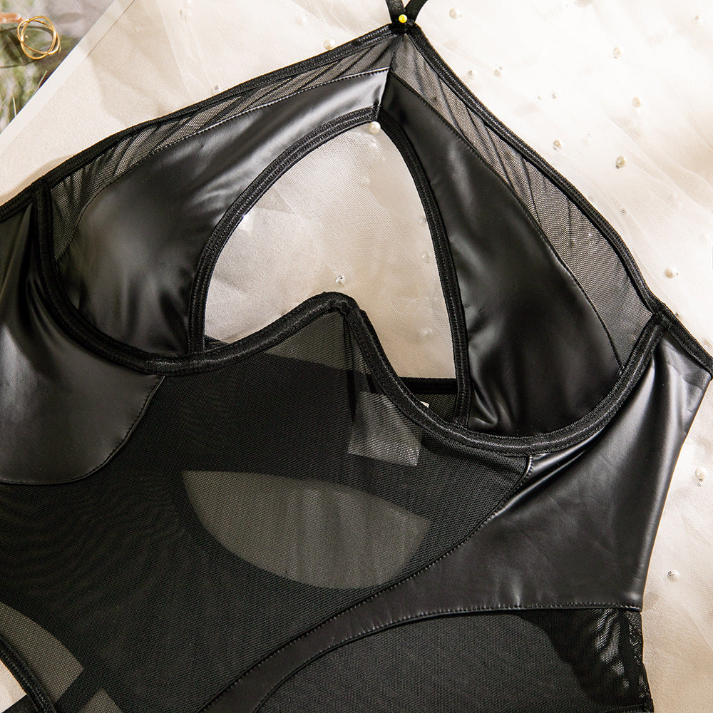 Black Leather Nude Sheer HubLai Lingerie