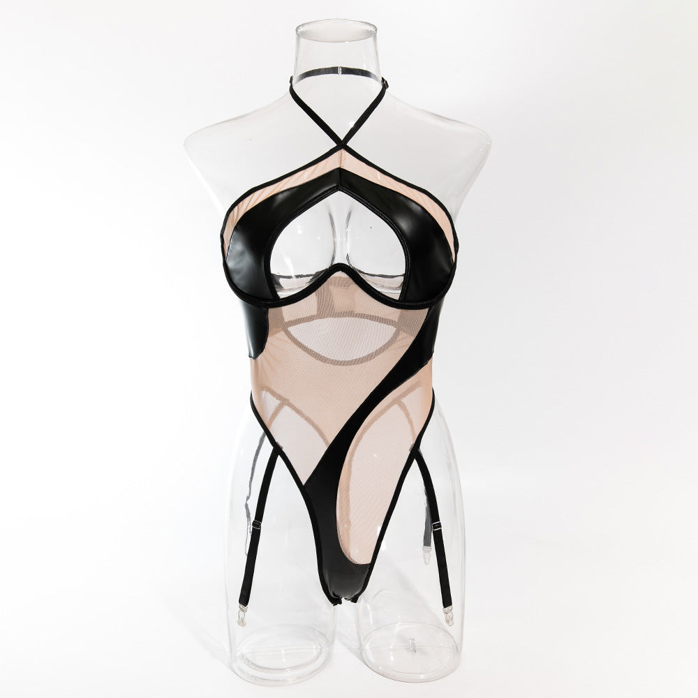 Black Leather Nude Sheer HubLai Lingerie