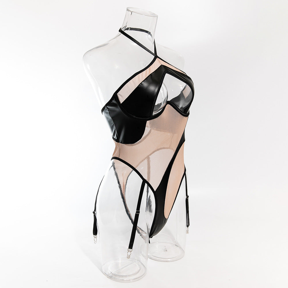 Black Leather Nude Sheer HubLai Lingerie