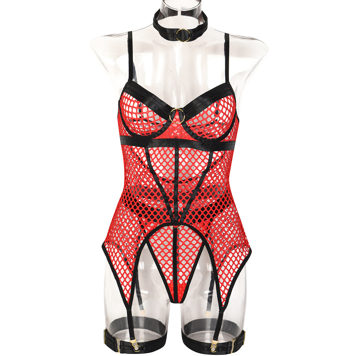 Red Fishnet Mesh Corset Bodysuit See Through Lingerie Strappy Bustier