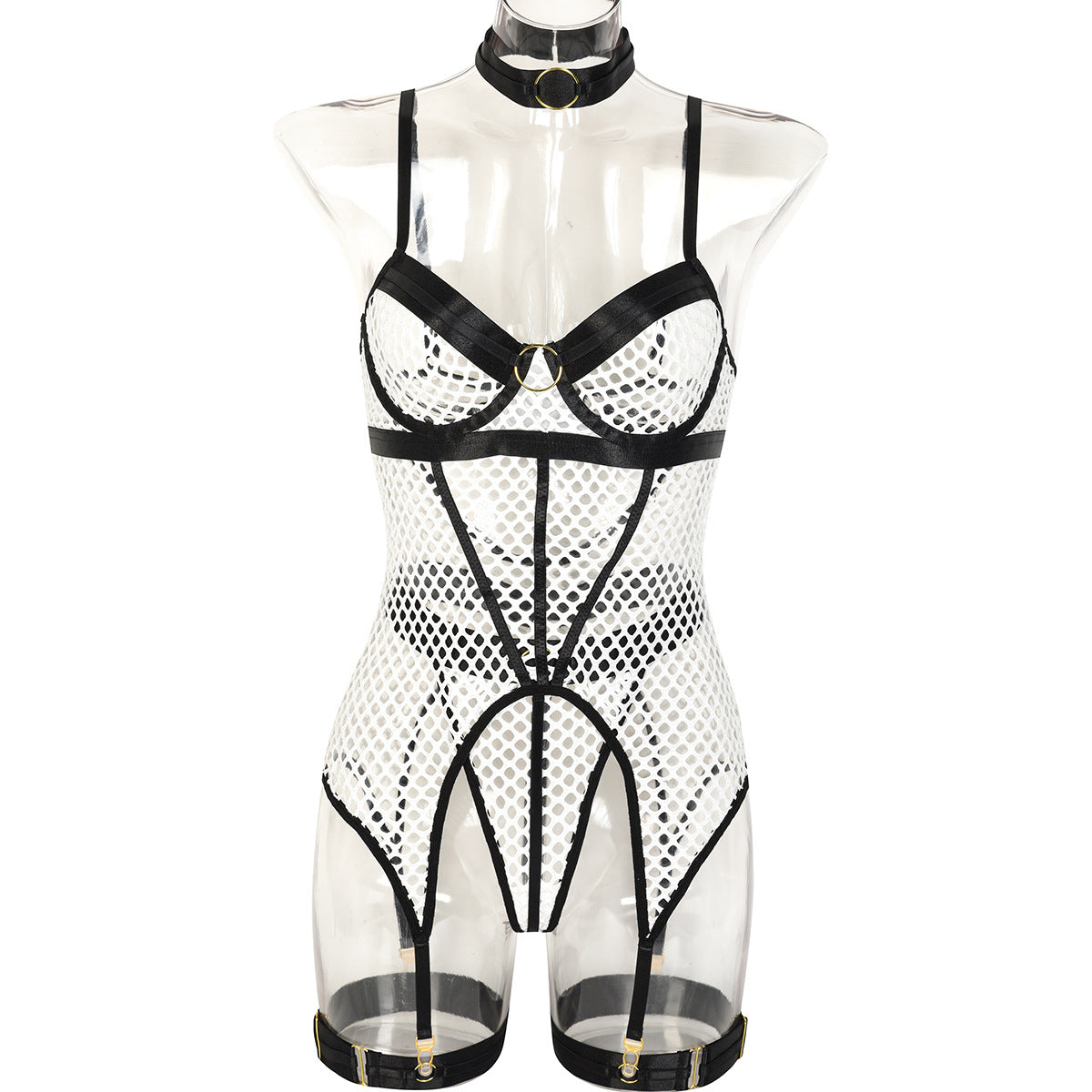 Red Fishnet Mesh Corset Bodysuit See Through Lingerie Strappy Bustier