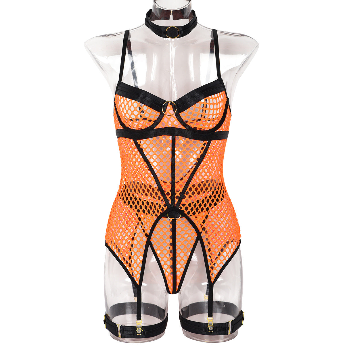 Red Fishnet Mesh Corset Bodysuit See Through Lingerie Strappy Bustier