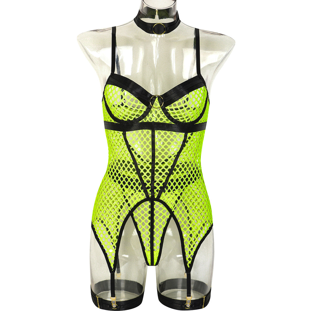 Red Fishnet Mesh Corset Bodysuit See Through Lingerie Strappy Bustier