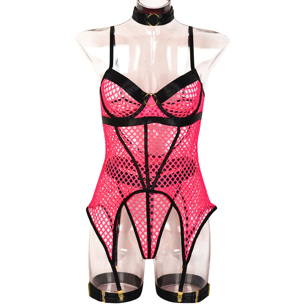 Red Fishnet Mesh Corset Bodysuit See Through Lingerie Strappy Bustier