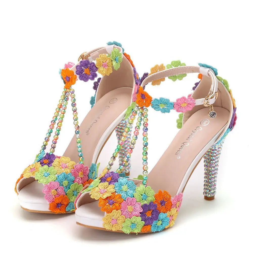 Fish mouth rhinestone lace beaded waterproof platform Sandals
