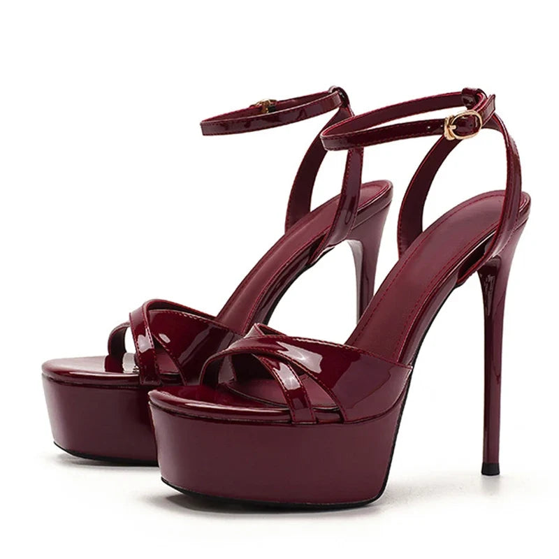 Designer Wine Red Patent Leather Ankle Strap Women Sexy 14CM Sandals
