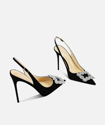 Black Rhinestone Square Buckle High-Heeled Shoes