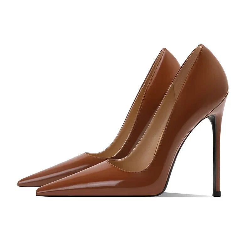 brown patent leather pointed thin heel
