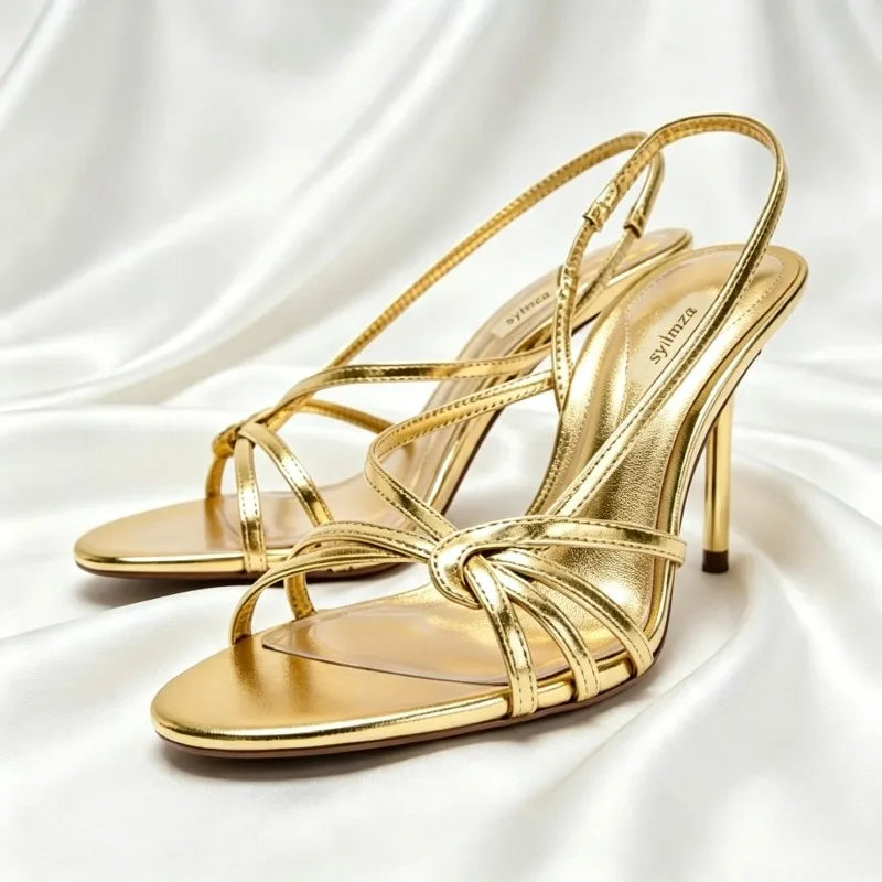 Gold Metalized Pattern Heeled Sandals