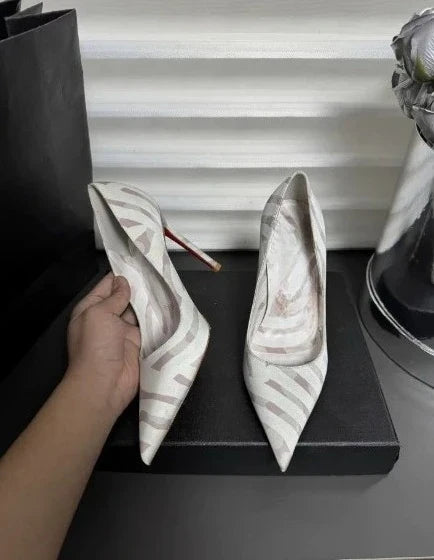 12cm Striped Non Tiring Feet Socialite Pointed Sandals