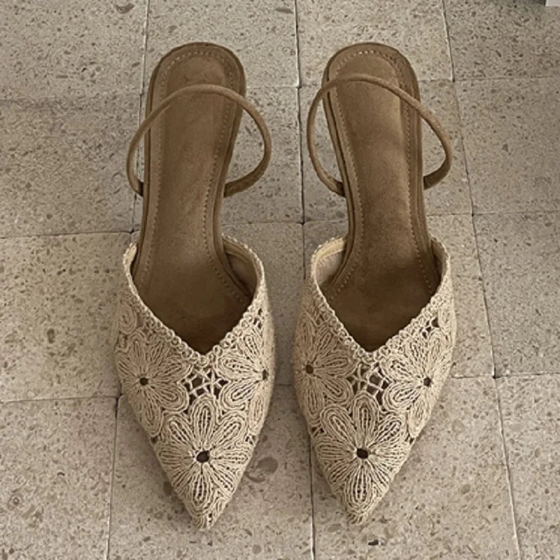 Flower Hollow Out Pointed Toe Mule Pumps