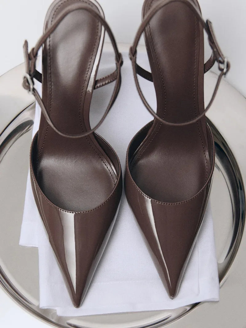 Brown Patent Leather Ankle Buckle Stiletto Sandals