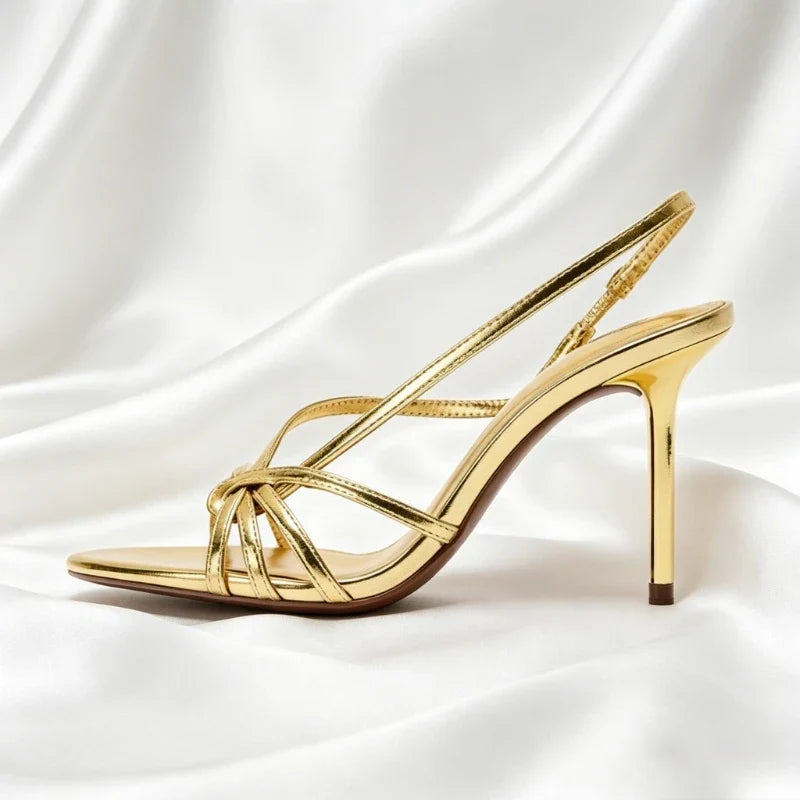 Gold Metalized Pattern Heeled Sandals