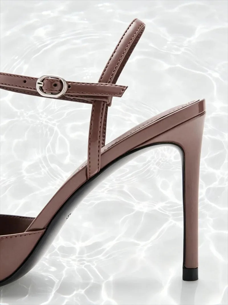 Brown Patent Leather Ankle Buckle Stiletto Sandals