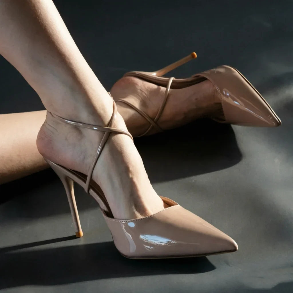 cross strap thin strap French nude high Heels