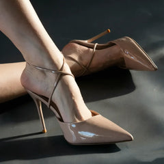 cross strap thin strap French nude high Heels