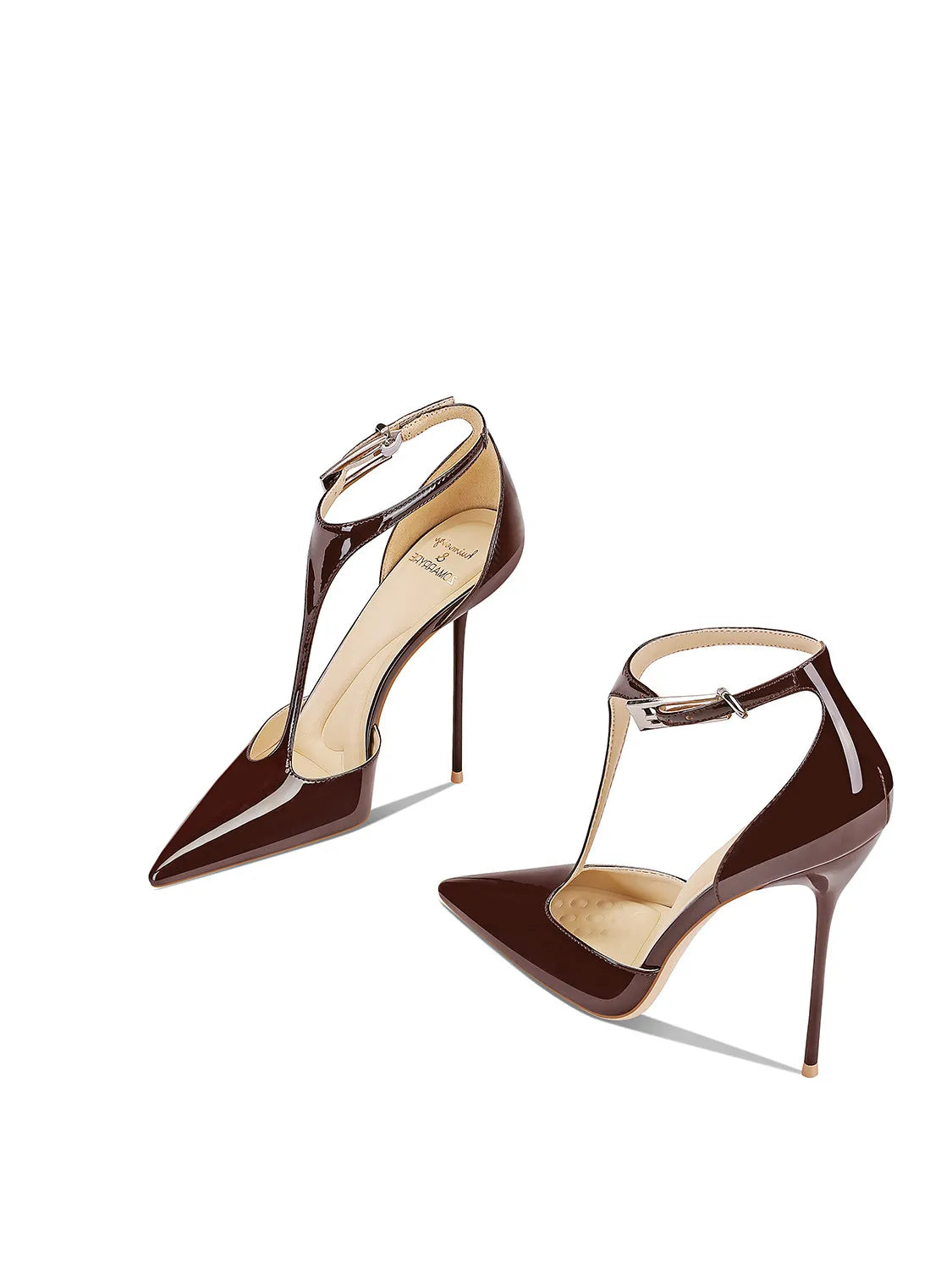 Brown Patent Leather Pointed Thin Heel High-Heeled Shoes