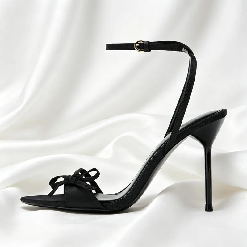 Black Satin Narrow-band Heeled Sandals