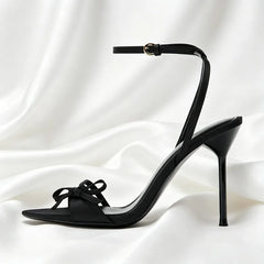 Black Satin Narrow-band Heeled Sandals