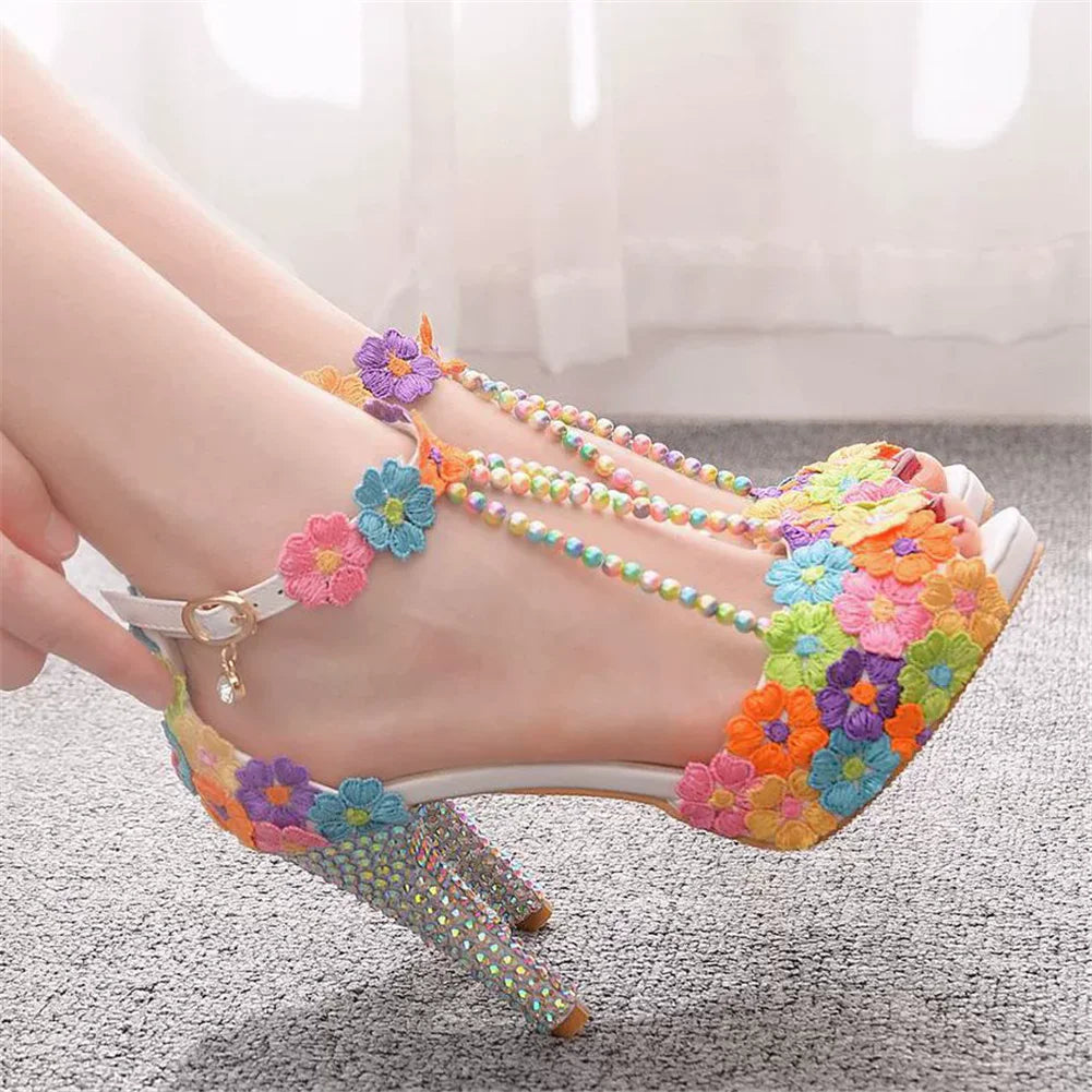 Fish mouth rhinestone lace beaded waterproof platform Sandals