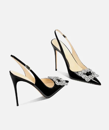 Black Rhinestone Square Buckle High-Heeled Shoes