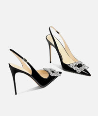 Black Rhinestone Square Buckle High-Heeled Shoes